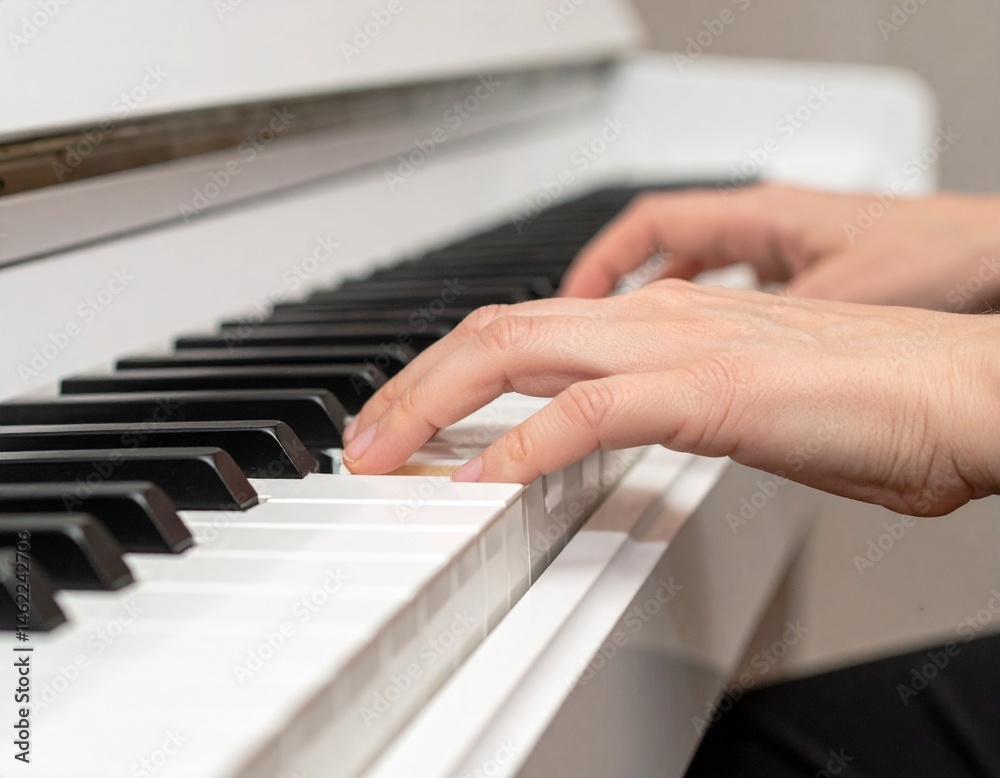 Obraz premium 白いピアノを弾いている手元