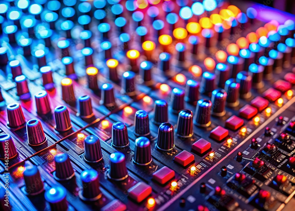 Fototapeta premium Macro Photography: Sound Mixer Control Panel with Red & Blue LED Lighting