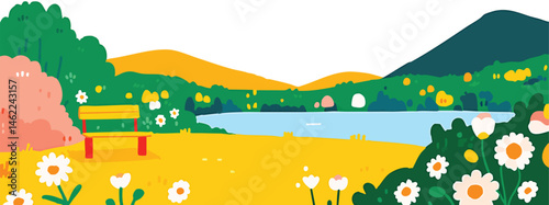 A vibrant illustration showcasing a serene lakeside scene, a picturesque backdrop for tranquil contemplation. The landscape boasts blooming flowers and lush greenery.