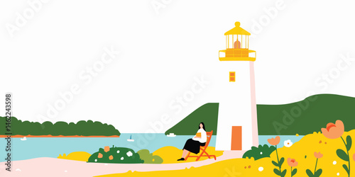 A lone woman sits on a deckchair, looking out at the sea, with a lighthouse and mountains behind her.  The scene evokes feelings of peace and solitude.