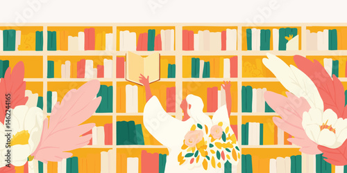 A whimsical illustration of a figure with wings holding a book. Surrounded by shelves filled with books, representing knowledge and imagination.