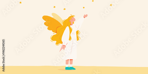 An angelic figure, adorned with radiant wings and a gentle aura, gracefully reaches out amidst a cascade of shimmering stars.