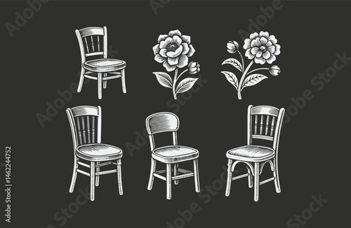 Set of chair and flower engraving style logo design illustration