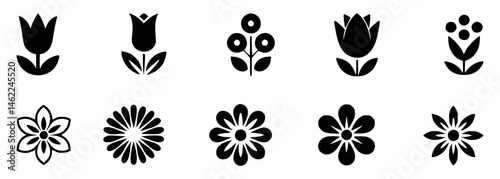 Black flower and floral icons set isolated on white
