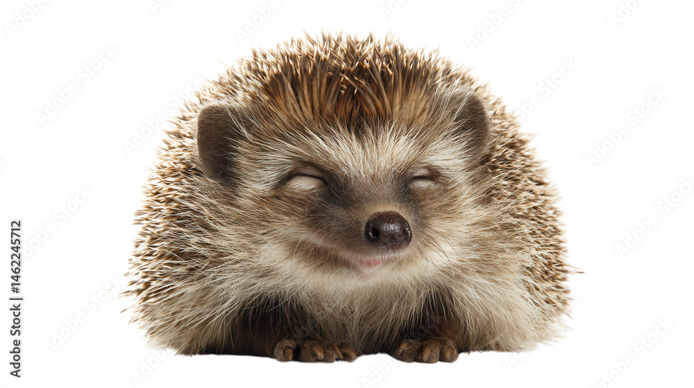 Obraz premium A cute hedgehog with brown and white spines poses with its eyes closed on a clean white studio background.