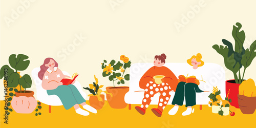 A heartwarming illustration capturing a cozy scene of people relaxing on a sofa, surrounded by vibrant potted plants, immersed in hobbies like reading and knitting.