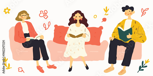 Three individuals immersed in the joy of reading, surrounded by whimsical elements, a cozy setting, the essence of knowledge and relaxation, as they engage in the timeless pleasure of books.