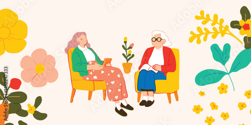 Two woman sharing stories while immersed in a world of floral beauty. Soft hues and intricate detailing create a welcoming and heartwarming visual, capturing the essence of shared moments.
