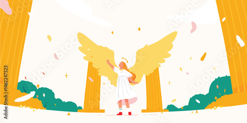 A heavenly angelic figure, adorned with a golden halo and outstretched wings, stands poised amidst classical pillars and a cascade of celebratory confetti. A vision of grace and inspiration.