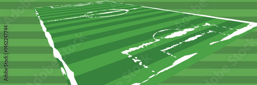 Soccer ball in goal. Goal goal. Soccer field boundary on green grass field. Vector stadium, supporting background
