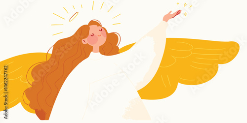 An angelic figure radiates a serene and uplifting aura, extending a hand with a halo. Ideal for religious or spiritual themes.