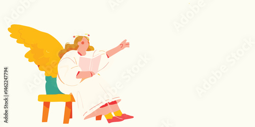 A serene depiction of an angel, resting and reading, radiates a gentle glow of faith. It's a vibrant image of peaceful spirituality.