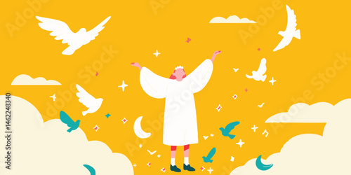 A spiritual figure stands joyfully beneath a celestial canopy, bathed in radiant light, celebrating a moment of pure serenity and enlightenment.