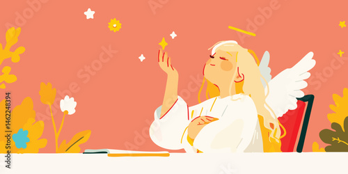 A whimsical angel, bathed in a soft, ethereal glow, reaches for a twinkling star amidst a serene and dreamy ambiance.
