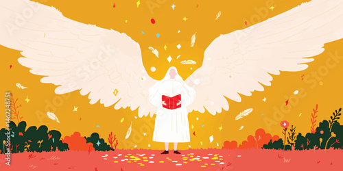 An angelic figure with large outstretched wings and flowing robes stands amidst a vibrant, autumnal landscape, holding a book in this artistic, illustrative image.