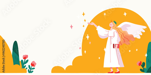 An angelic figure, adorned with ethereal wings and flowing tresses, stands in a vibrant, fantastical landscape, gently releasing glittering stars into the sky.