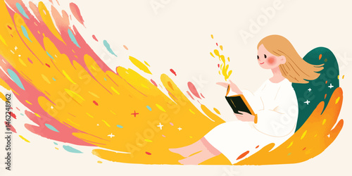 A young woman finds enlightenment as she reads from an open book, a vibrant flame of inspiration emanating around her, symbolizing knowledge and discovery. 