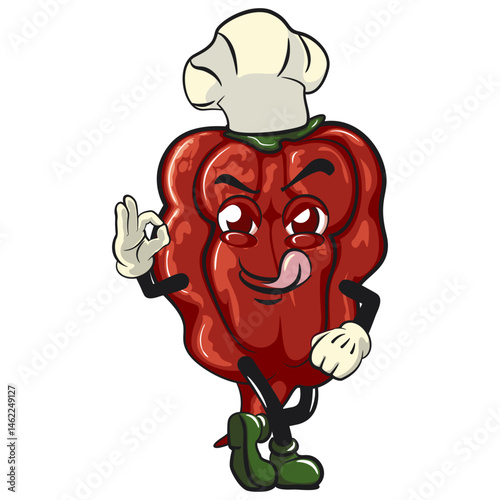 character mascot of a carolina reaper chili cartoon vector isolated clip art illustration as chef give oke sign, work of hand drawn