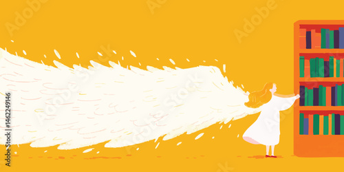 An illustration of angel expanding their wings from bookshelves, the image is depicting the idea of freedom. the color of background gives people bright feelings.