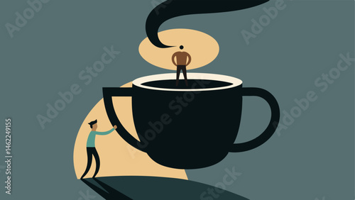 Mighty Pour A tiny figure is silhouetted against the backdrop of a massive coffee cup with steam rising dramatically from the top. They hold a large coffee pot like a weightlifter