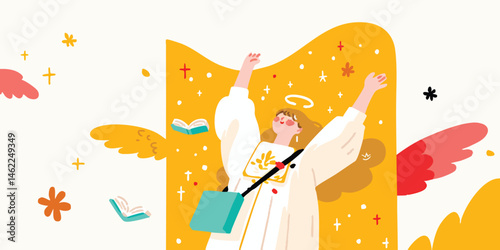 A whimsical illustration, a figure angel with outstretched arms soaring through a vibrant, uplifting composition.