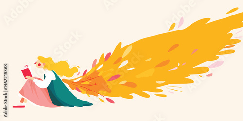 A whimsical scene unfolds as a figure with flowing hair becomes the focus of an extraordinary transformation with book. This image is bursting with life.