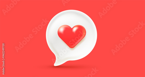 Vector illustration of realistic white speech bubble with shine red heart on color background. Social media like symbol of communication icon. 3d cartoon style design of speech bubble with love heart