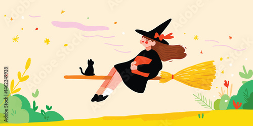 A young witch with a black cat on a broomstick, riding across the sky. Magical, whimsical, and playful, the illustration captures the essence of a fun Halloween adventure.