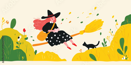 A whimsical witch with fiery red hair, a pointed hat, and a charming black cat takes flight on her broomstick. A fairytale scene with the witch soaring above charming terrain of rolling hills.