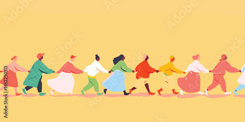 A diverse group of individuals, each a unique color, strides hand in hand against a subtle yellow background, illustrating themes of community, support, and interconnectedness.