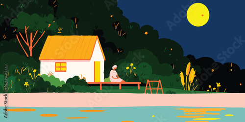 A serene night scene featuring a quaint house nestled amidst lush foliage, bathed in the soft glow of the moon. The solitary figure, sitting on a wooden porch.