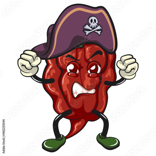 character mascot of a carolina reaper chili cartoon vector isolated clip art illustration wearing a pirate hat, work of hand drawn