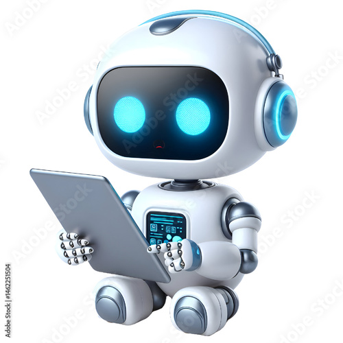 3D CUTE Ai robot using tablet isolate on White background