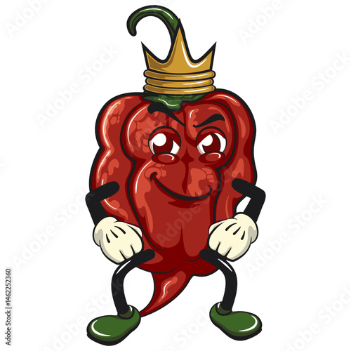 character mascot of a carolina reaper chili cartoon vector isolated clip art illustration crowned like a king while folding his arms calmly, work of hand drawn