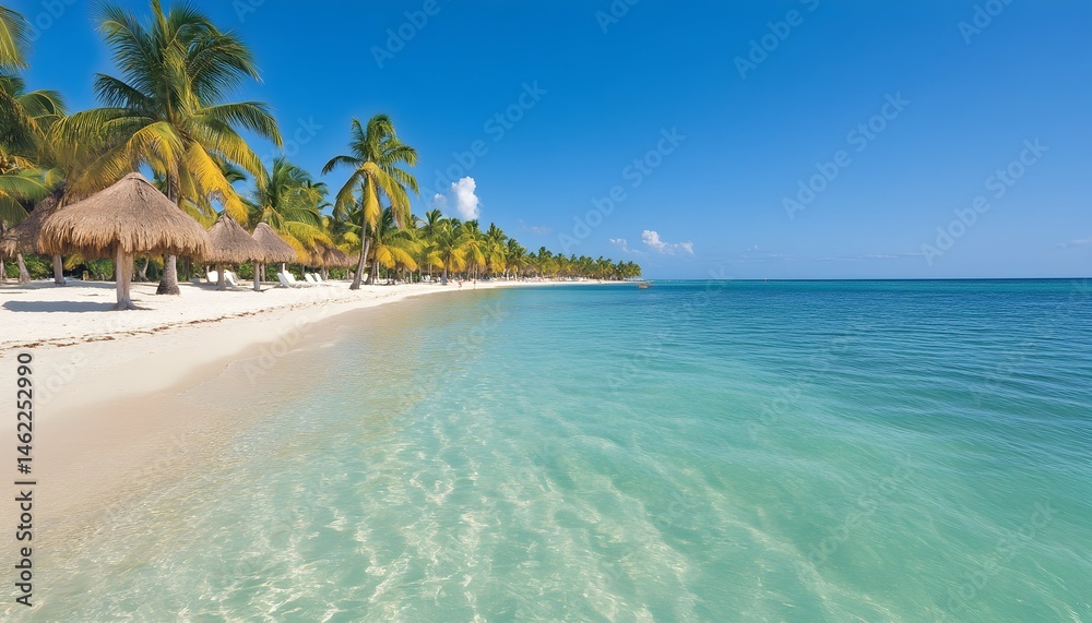 Naklejka premium Idyllic tropical beach with crystal-clear turquoise water, white sand, palm trees, and thatched umbrellas