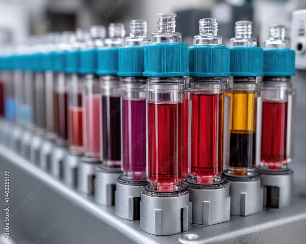 A row of colorful liquid-filled vials with blue caps arranged in a laboratory setting, ready for scientific analysis. A row of colorful liquid-filled vials with blue caps arranged in a laboratory setting, ready for scientific analysis.