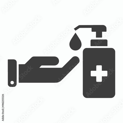 Illustration of hand receiving sanitizer from dispenser with cross symbol on the bottle icon