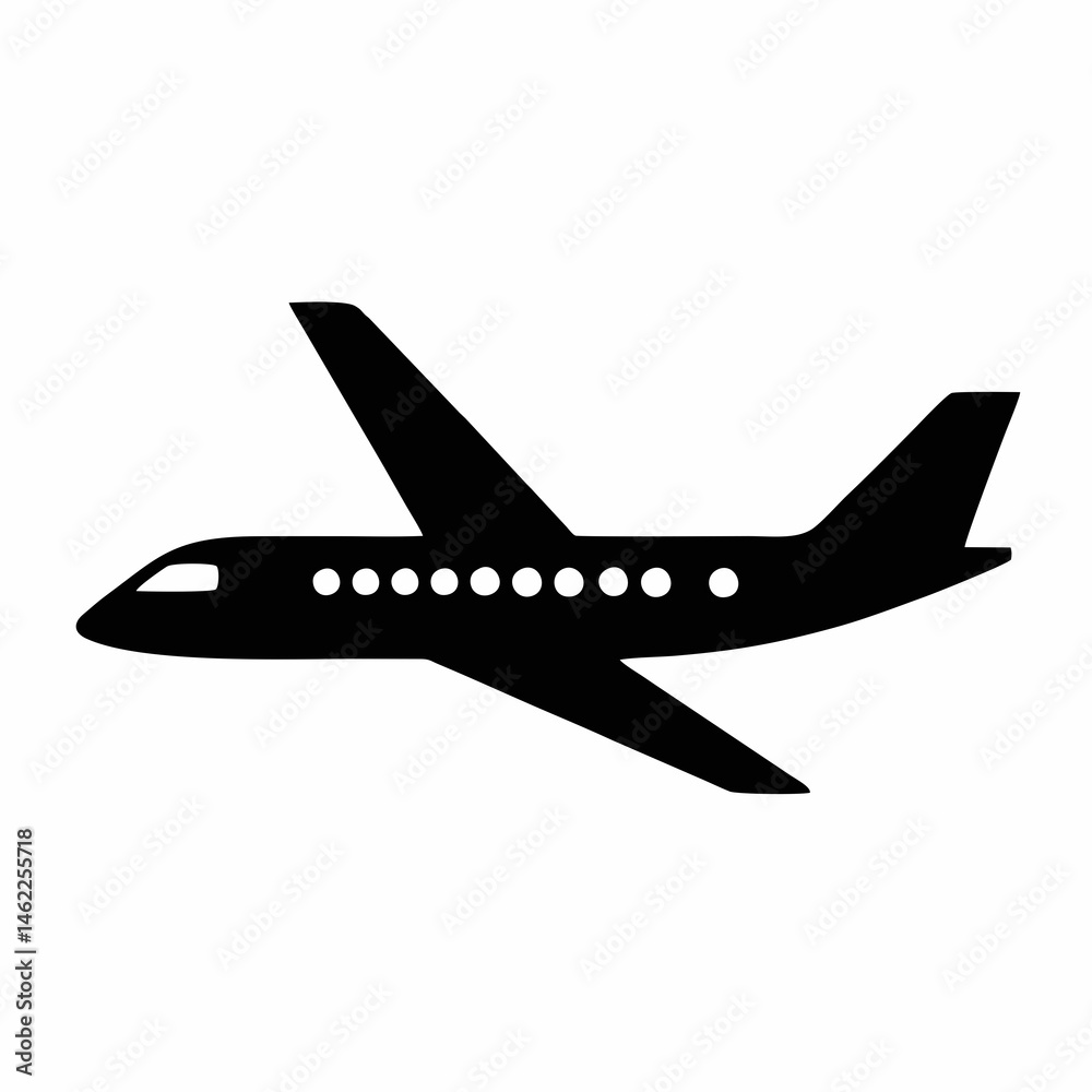 Fototapeta premium Black Airplane Vector Icon – Flat Flight Symbol with Transparent Background