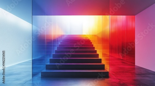 Colorful Abstract Staircase with Gradient Lighting and Reflection