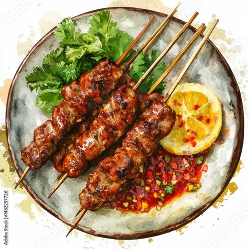 Grilled meat skewers with vibrant sauce and lemon