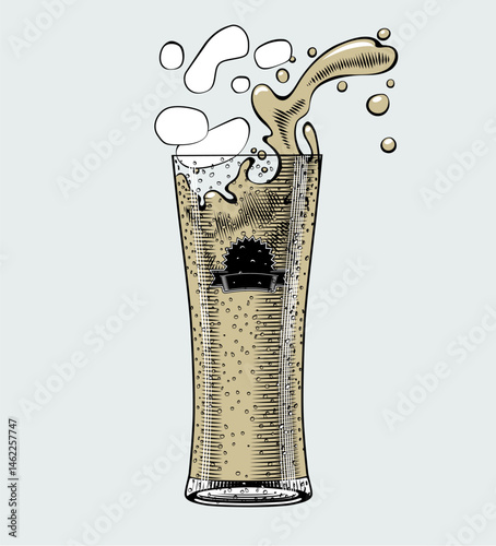 Standing dripping glass with splashing beer. Vector illustration in black and white color vintage engraving style
