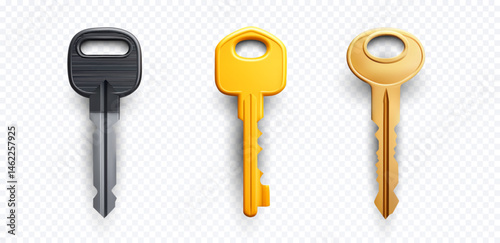 Vector illustration of three realistic blank house keys with different head styles and metallic finishes on transparent background, ideal mockup for locksmith, security, real-estate or access design p