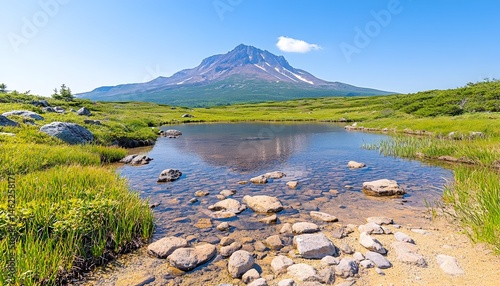 Serene mountain lake reflecting a majestic peak under a clear blue sky