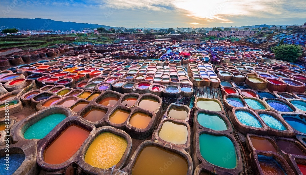 Fototapeta premium aerial view of colourful dye vats in a traditional tannery
