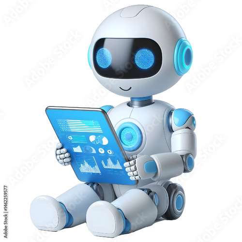 3D CUTE Ai robot using tablet isolate on White background