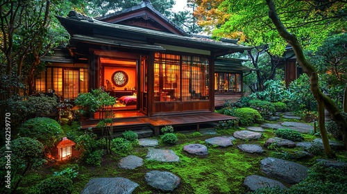 A serene japanese garden with a traditional wooden house at dusk. photo