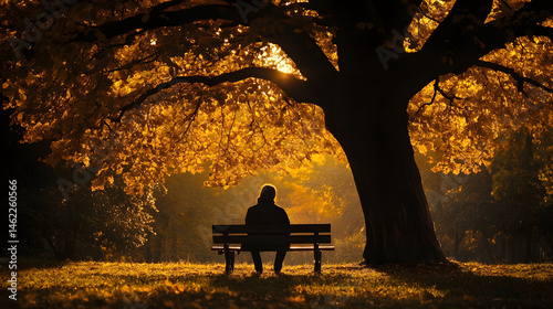 A moment of Thanksgiving reflection in a quiet park, with a person sitting on a bench under a large tree, offering a prayer of gratitude.