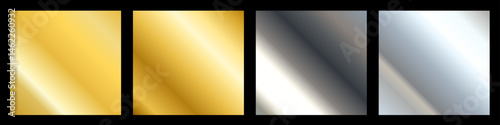Vector set of different golden and silver foil metallic texture gradation for ribbon, frame. Background set. 3d realistic style design of yellow gold and steel shiny gradient with diagonal stripe