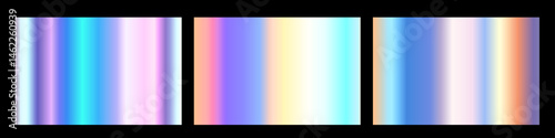 Vector set of different holographic textured gradation swatch in frame. Background set. Overexposed film effect. 3d realistic style design of shiny blue, yellow and purple metallic gradient pattern