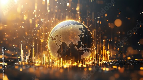 Dynamic golden financial growth around animated globe global finance digital art futuristic environment close-up perspective